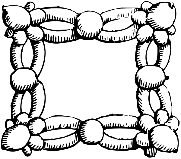 The black and white illustration shows a simple frame with rope tied around it at various points to create an abstract design resembling a wreath of ropes forming circles within each other.