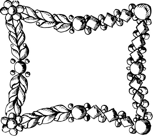 The black and white illustration shows a decorative border with leaves at each corner of an empty rectangle frame.