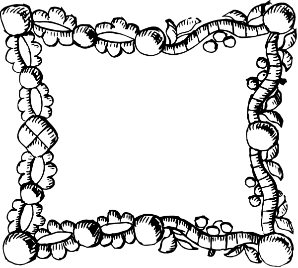 The black and white illustration shows a simple frame with an intricate border of abstract shapes resembling plants or flowers around it.