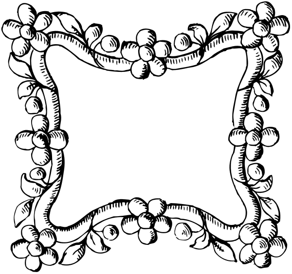 The black and white illustration shows a decorative frame with an intricate border featuring floral patterns around it.