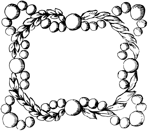 The black and white illustration shows a wreath with laurel leaves surrounding an oval shape that contains various decorative elements such as flowers and possibly fruits at its center; it is framed by two symmetrical, curved lines on either side of the central design.