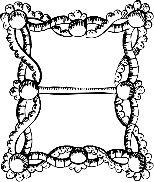 The black and white illustration shows a rectangular mirror with an intricate border featuring floral patterns within two curved lines at its top corners; it is set against a dark background that contrasts sharply with the lighter color of the frame, emphasizing both elements' outlines.