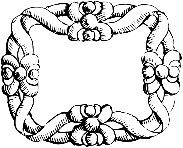 The black and white illustration shows a decorative pattern with intricate designs resembling flowers on either side of what appears to be an emblem in between them at the bottom center.