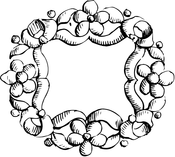 The black and white illustration features a decorative border with floral patterns surrounding an oval shape that contains additional intricate designs within it.