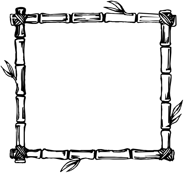 The black and white illustration shows a square frame with bamboo sides inside which there is an empty space where text could be placed; above this central image floats another smaller rectangle containing what appears to be Japanese characters, suggesting it might represent some form of greeting or message in that language.