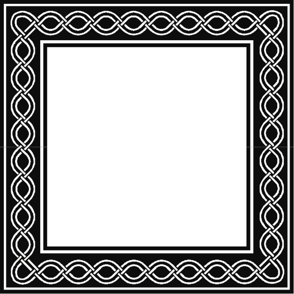 The black and white design features a square with an intricate border that includes swirls and knotwork patterns on either side of it within two rectangles; there is no content inside this central box other than its shape, which suggests symmetry in both directions from center to corners along the axes.