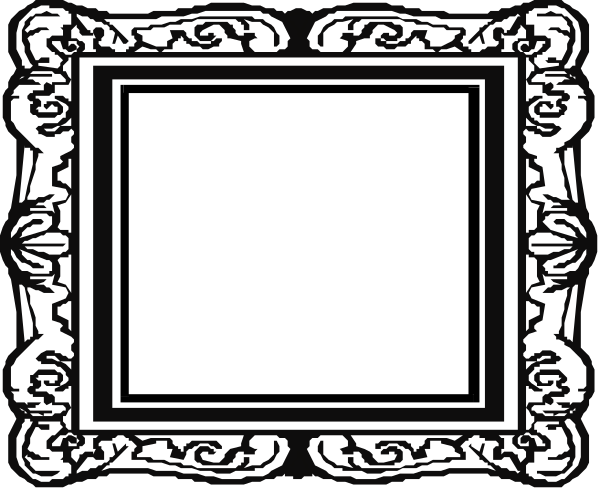 The black and white illustration shows a decorative frame with an empty space inside it on what appears to be a wallpaper background featuring intricate patterns.