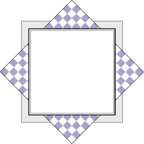 The image shows a stylized geometric design with diamond shapes forming an intricate pattern around what appears to be a square frame in black on a white background within another larger border that has checkered corners alternating between purple and blue diamonds, creating a decorative effect resembling tiles or mosaic.