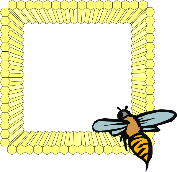 The image shows a cartoon of an empty honeycomb cell with hexagonal shapes around it, featuring a bee flying in front of it on what appears to be a black background.