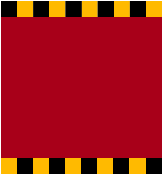 The image shows a red square with black borders on its left side against an orange background that has white stripes at both ends of each border line.