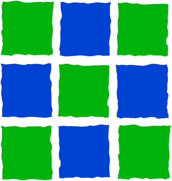 The image shows a blue checkered pattern with green squares on it inside of what appears to be an open book cover.