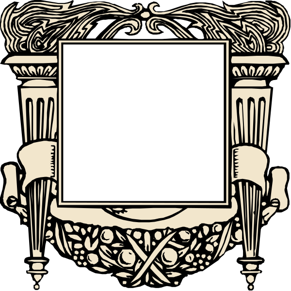 The black and white illustration features a square frame with an intricate design around it on top of what appears to be classical architecture elements such as columns and vases.