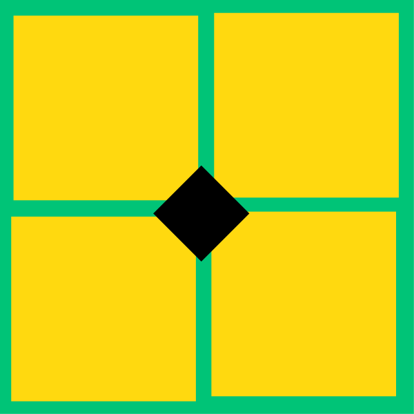 The image shows a simple black and white puzzle with four squares arranged around an empty center square that has a small diamond shape in it.