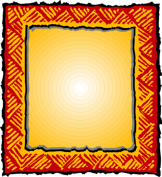 The image shows a square with red borders inside of which there's an abstract yellow pattern that resembles sun rays emanating from what appears to be a bright light at its center; outside this, it looks like a darker background is visible through another transparent layer or frame surrounding the central design.
