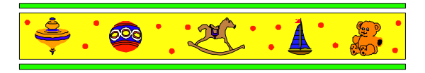 The image shows a colorful banner with various cartoon characters including an elephant, horse, dog, cat, fish, bird, boat, carrot, apple, banana, cake slice, ice cream cone and other items that resemble food and objects associated with parties or celebrations such as party hats. The background is plain white which contrasts the colorful banner.
