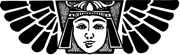 The image shows a black and white logo with an illustration of a face wearing what appears to be traditional Egyptian attire atop a stylized hieroglyphic symbol that resembles a lotus flower, set against a dark background.