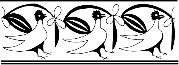 The image shows a black and white illustration of birds flying over water with trees on either side.