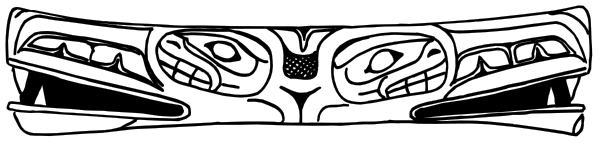 The image shows a black and white illustration of an indigenous design on what appears to be a piece of jewelry with intricate patterns resembling tribal motifs.