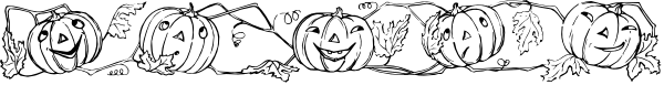 The image shows a black and white line drawing of three jack o' lanterns with faces on them against an unadorned background.