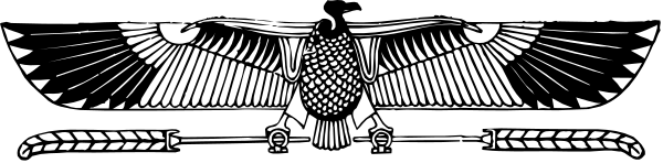 The image shows a black and white illustration of an eagle with wings spread above what appears to be a pharaoh's head on top of hieroglyphics that resemble ancient Egyptian symbols; below this, there is a banner displaying two crossed swords flanked by the heads of lions.