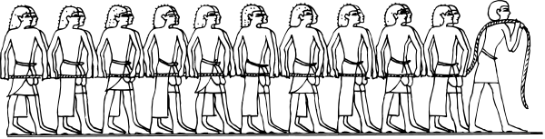 The black and white photo shows a line of figures that appear to be ancient Egyptian pharaohs standing side by side in profile view against an unidentified background with no distinguishable features.