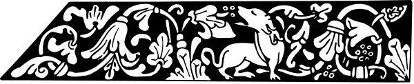 The black and white photo shows a decorative border with various intricate designs including floral patterns, leaves, birds, and other embellishments that resemble nature-inspired motifs.