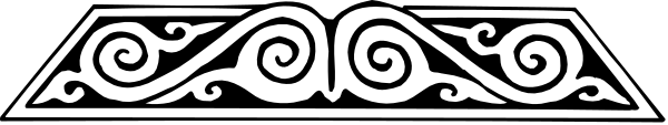 The image shows a black and white illustration of an intricate design with swirling patterns resembling vines on either side of what appears to be a stylized letter 'c'.