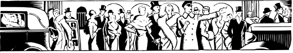 The black and white comic strip shows a group of characters engaged in various activities such as walking, sitting on benches, standing around tables with drinks, all set against an urban backdrop that includes buildings and trees.