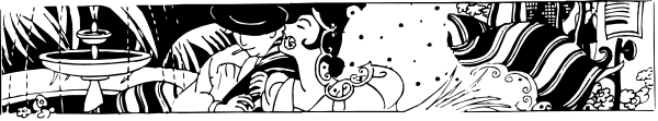 The image shows a black and white comic strip with two characters: an adult male on horseback holding out his hand to another character who is seated in front of him; both appear surprised by something off-panel, as indicated by their facial expressions. They seem to be at night or indoors due to the darkness surrounding them outside the frame where they are located within a larger image that includes other elements not visible here.