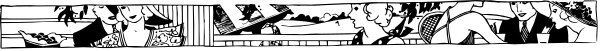 The image shows a black and white comic strip with various characters engaged in different activities; there's no text present to provide context about their identities or interactions within this scene.