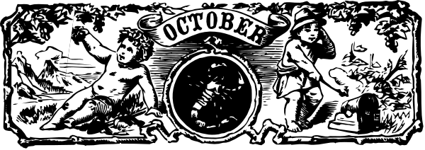 The image shows a black and white illustration of an old sign with decorative elements around it that include classical figures such as cherubs playing musical instruments; there is also text on top which reads "OCTOBER" in capital letters, suggesting this might be related to October events or celebrations.