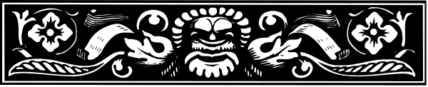 The image shows a decorative border with intricate patterns resembling floral designs on either side of what appears to be text in an old-fashioned font; there is no visible content within this frame, and it's not clear if any additional context or elements are present outside the borders.