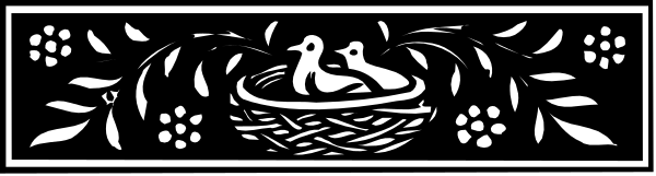 The black and white illustration shows a decorative border with floral patterns at both ends featuring leaves and berries; in between is an intricate design that includes what appears to be two birds perched on branches, possibly within a vase-like structure or frame, set against the backdrop of a stylized background.