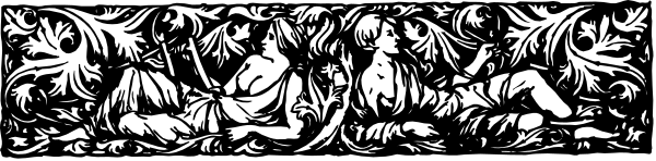 The image shows a black and white pattern with intricate designs that resemble leaves on either side of what appears to be an emblem in between them; there is no text present within this clip-art piece, which focuses solely on decorative elements without any specific objects or actions depicted.
