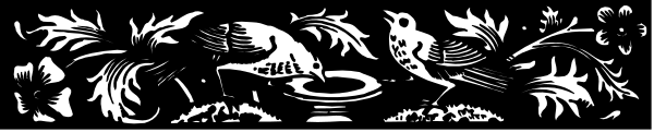 The image shows a black and white illustration of an intricate floral pattern with leaves on either side forming borders at both ends.