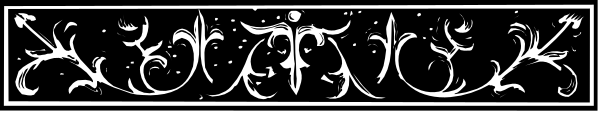 The image shows a black and white decorative border with intricate patterns resembling scrollwork on either side of what appears to be text in an old-fashioned font that is also monochromatic, set against a plain background.