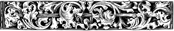 The image shows a black and white photo of an old scroll with intricate designs on it.