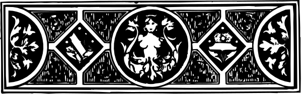 The black and white photo shows a decorative border with intricate patterns that include geometric shapes such as circles within squares, leaves, flowers, birds, stars, and other embellishments typical of Gothic architecture designs; it is set against an indistinct background which does not provide any additional context or setting.
