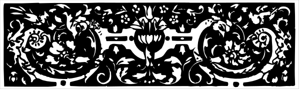 The black and white photo shows a decorative border with intricate patterns resembling filigree designs on either side of what appears to be an emblem in between them.