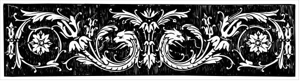 The image shows a black and white decorative border with intricate patterns resembling leaves on either side of what appears to be an emblem in between them.
