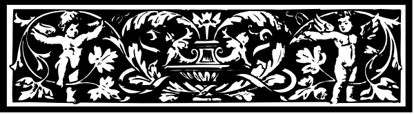 The image shows a black and white illustration of an intricate design with decorative elements that resemble classical architecture featuring columns, leaves, vines, and other embellishments on what appears to be a banner-like structure against a plain background.