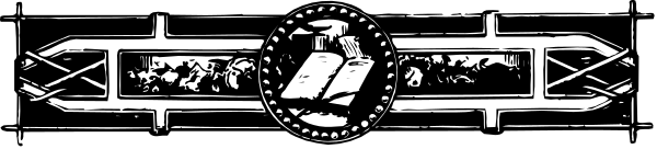 The black and white photo shows a long object with various designs on it; there is an emblem resembling a shield in one corner featuring what appears to be two crossed swords above three stars, possibly representing some form of organization's logo.