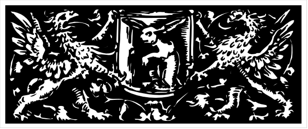 The image shows a black and white illustration of three panels with intricate designs featuring what appears to be stylized figures that could represent humans or mythical creatures in various poses; there is no text present, suggesting an abstract design theme without any specific narrative elements visible within this small clip-art.