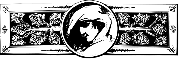 The black and white photo shows a decorative border with various patterns including floral designs on either side of an oval that contains two faces facing each other; there is no text present in this image.