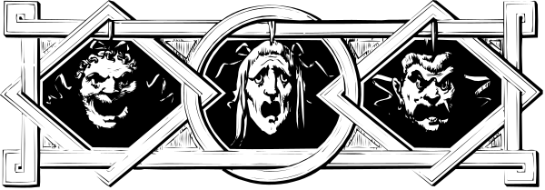 The image shows a black and white graphic with three faces arranged vertically against an abstract background that resembles circuitry patterns; there is no text present in this clip-art image.