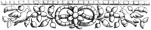 The black and white photo shows a decorative border with various patterns including what appears to be leaves, flowers, and possibly some sort of abstract design at its center; it is set against a plain background that does not provide any additional context about setting or action taking place within this image.