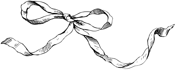The black and white illustration shows a bow with two loops tied together at an angle on top of what appears to be a gift box in front of it.