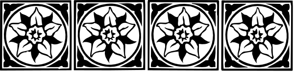 The image shows a decorative border with intricate patterns resembling stained glass windows on either side of an emblem featuring three stars in between two symmetrical designs that could be interpreted as flowers or suns, all set against a dark background.