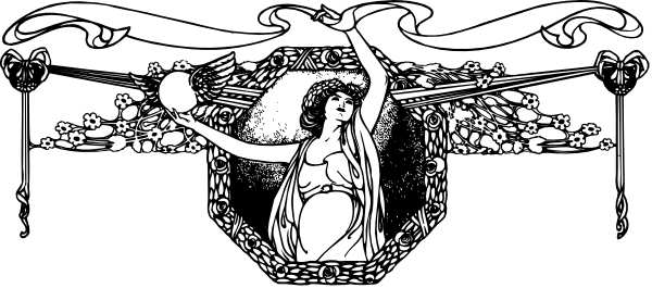 The black and white illustration features a decorative border with intricate patterns at its center where two figures appear to be dancing; one figure is holding an object that resembles a bouquet of flowers while standing on what seems like a pedestal, surrounded by ornate designs including leaves and floral motifs.