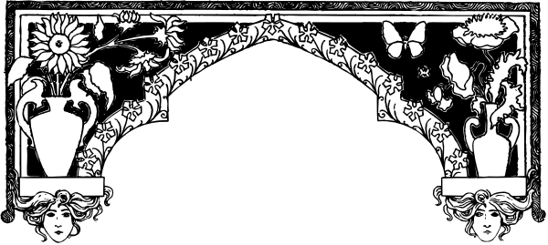 The black and white photo shows a decorative archway with intricate designs on it that include floral patterns and possibly other motifs such as leaves and vines; there is no text present in this image, which focuses solely on the architectural detail of an ornate doorway frame.
